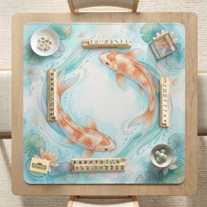 May include: A square mahjong mat featuring a light blue water background with two orange koi fish swimming in a circle, surrounded by lotus flowers and lily pads. Four wooden tile racks hold mahjong tiles, with extra tiles in a white bowl.