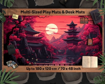 Japanse speelkleed/bureaumat, tcg mtg-kaart/dobbelsteen/bordspel, donkerrood animelandschap 24 x 14, xl grote gestikte gigantische bureaumat/muismat/speelmat