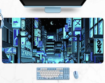 Cyan Vaporwave Mousepad, Neon Tokyo Street Desk Mat, 8bit Pixel