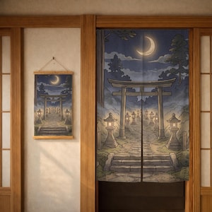 Noren Door Curtain, Japanese Doorway Panel, Moonlit Torii Gate Forest Scene, Room Divider, Japandi Entryway Privacy Decor, Home Accent