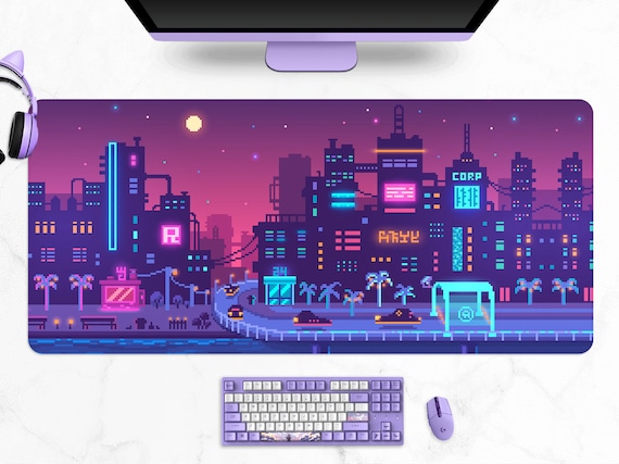 Neon Vaporwave Desk Mat, Tokyo Skyline Pixel Art, Purple