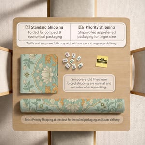 May include: A rectangular mat featuring a light green background with a repeating pattern of white lotus flowers, orange dragons, and clouds. The mat is shown in both a folded square shape and a rolled cylindrical shape, accompanied by small white mahjong tiles.