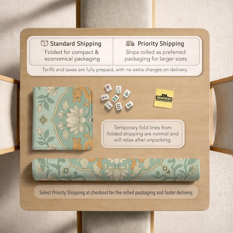 May include: A rectangular mat featuring a light green background with a repeating pattern of white lotus flowers, orange dragons, and clouds. The mat is shown in both a folded square shape and a rolled cylindrical shape, accompanied by small white mahjong tiles.