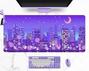 Retro Anime Schreibtischmatte, 90er Jahre Steamwave Ästhetik, pastellrosa/lila/lila Mond Pixel Art, Japan Tokyo Skyline Mauspad, XXL Gaming Mauspad
