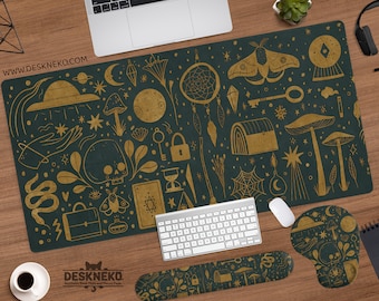Green Gold Desk Mat cottagecore, Dark Academia Goth Mousepad copper, Witchy witch aesthetic, Bronze gold whimsigoth large deskmat mouse pad
