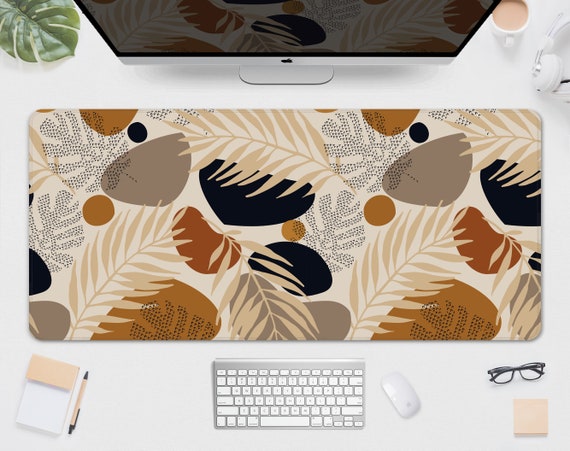 Boho desk mat mousepad minimal, Cute beige brown forest plants flowers, botany botanical pattern monstera matt, xxl gaming deskmat mouse pad