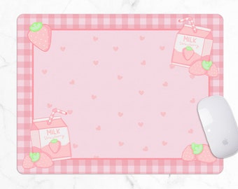 Strawberry Milk Mousepad, Kawaii pink gaming desk mat, Pastel anime aesthetics, xl extra wide cute mouse pads (multiple sizes)
