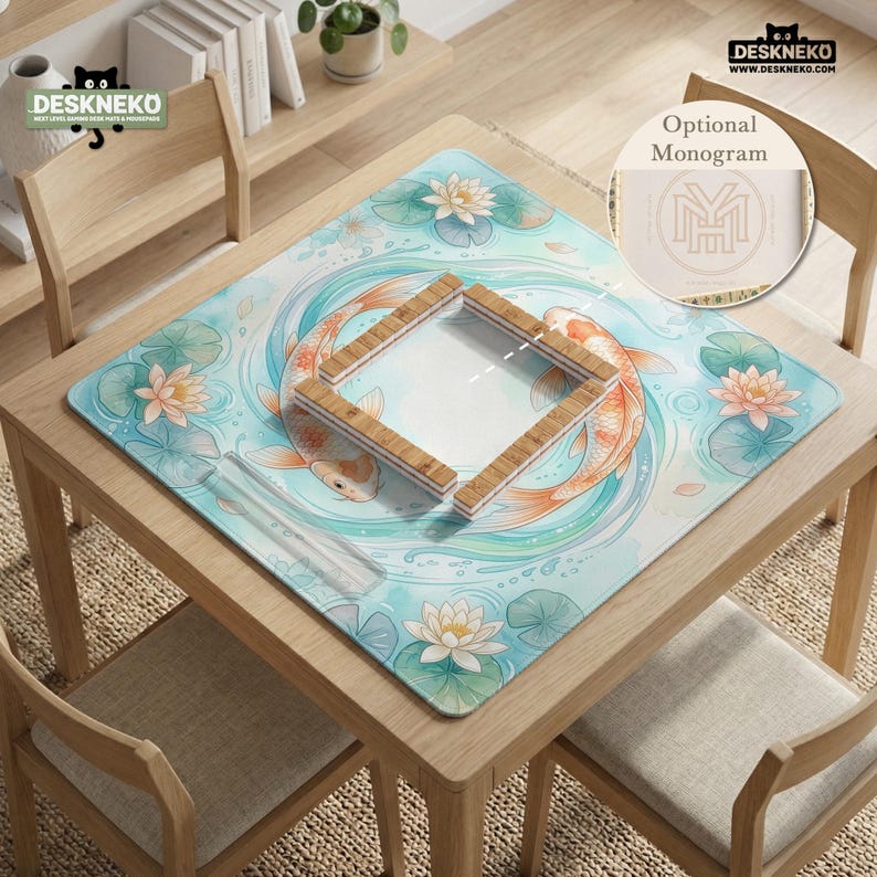 May include: A square desk mat featuring a light blue water background with two orange koi fish swimming in a circle, surrounded by pink lotus flowers and green lily pads. A wooden-textured square frame sits in the center of the mat.