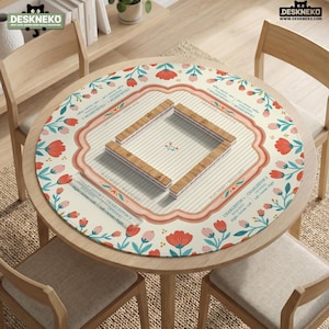 May include: A round desk mat featuring a cream-colored background with a beige striped center and a border of red and teal flowers. The mat includes printed text detailing Mahjong Charleston rules and a central square arrangement of wooden tiles.
