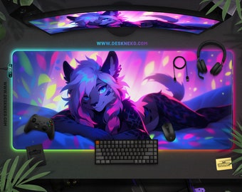 Furry Desk Mat, Large Mouse Pad LED: Gaming Keyboard Deskmat RGB, Neon fox wolf dog girl anime waifu, Large wireless charging mousepad xxl