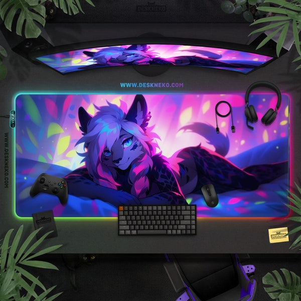 Furry Desk Mat, Large Mouse Pad LED: Gaming Keyboard Deskmat RGB, Neon fox wolf dog girl anime waifu, Large wireless charging mousepad xxl