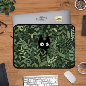 覗き見猫のノートパソコンスリーブ、アニメコンピュータバッグ、かわいい黒猫、タブレット/iPad/MacBook Pro 10 11 12 13 14 15.6 16 17インチ用マンガケース
