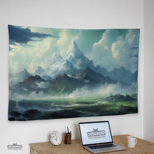 May include: A large tapestry depicting a mountain landscape with a snow-capped peak, green valleys, and a cloudy sky. The artwork is mounted on a white wall above a wooden desk with a laptop, clock, and mug.