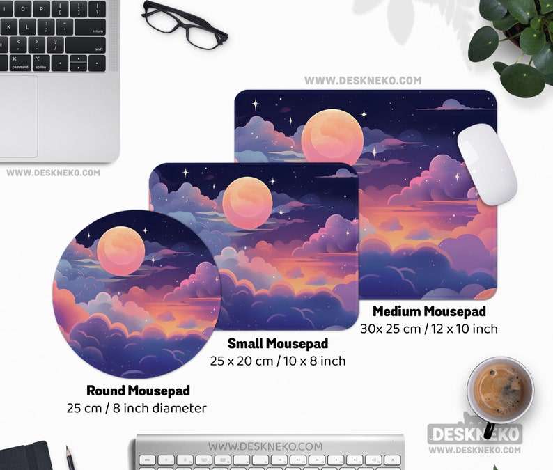 May include: A collection of mousepads with a dreamy night sky design featuring a large, peach-colored moon, clouds, and stars. The mousepads come in round, small rectangular (10 x 8 inches), and medium rectangular (12 x 10 inches) sizes. The website address is visible.