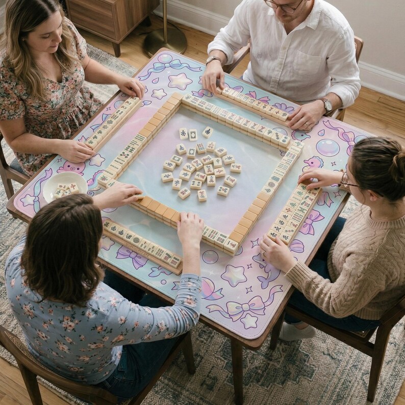 May include: A square wooden Mahjong table with a pastel-colored surface featuring bows, stars, and other decorative elements. Four people are seated around the table, playing the game with wooden tiles. The table is surrounded by wooden chairs.