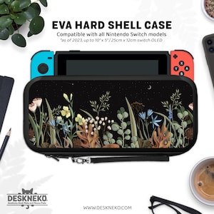Puede incluir: Funda rígida de EVA negra para modelos Nintendo Switch. La funda presenta un diseño floral con un fondo de cielo nocturno. Compatible con modelos OLED de hasta 25 cm x 12 cm. El texto "EVA HARD SHELL CASE" es visible.