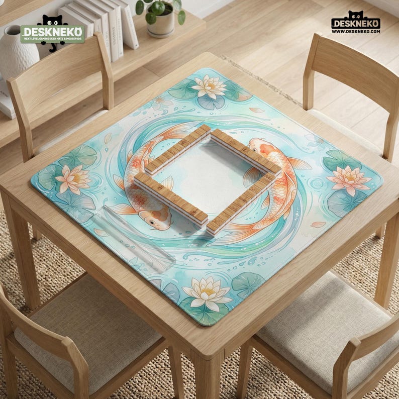 K&ouml;nnte beinhalten: Eine quadratische Mahjong-Matte mit einem hellblauen Wassermuster, zwei orangefarbenen Koi-Fischen, die im Kreis schwimmen, umgeben von rosa und wei&szlig;en Lotusbl&uuml;ten und gr&uuml;nen Seerosenbl&auml;ttern, mit einem h&ouml;lzernen Mahjong-Fliesenrahmen in der Mitte.