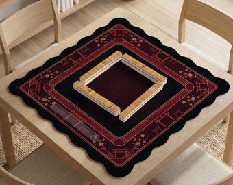 May include: A square Mahjong game mat with a black scalloped edge and a red and gold decorative border. The center of the mat is a darker red, and four sets of Mahjong tiles are arranged in a square.