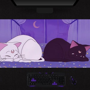 Artemis and Luna Mousepad, Kawaii anime cats, XXL extended gaming desk mat, Cute Pastel Purple/Pink/Lavender anime mouse pad