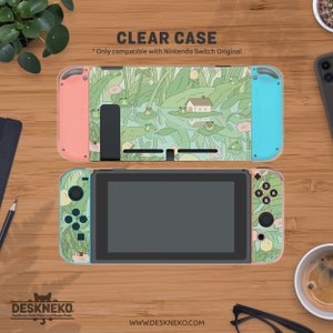 Niedliche Hülle für Nintendo Switch, Kawaii Anime Frösche, hellgrüne Pflanzen, Hard Shell Dock Skin Cover, Spielhalter, Lite Oled Reisetasche