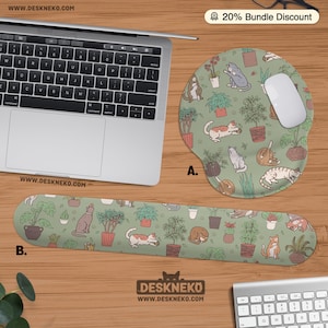 Sage Green Mouse pad: Cute Cats Mousepad with wrist rest, nature plants desk mat deskmat, Ergonomic keyboard support, office decor gift for