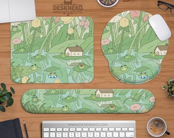 Cute Frog Mousepad kawaii, Green Mouse Pad with wrist rest, Soft silicone support, Kawai Anime keyboard desk mat, Japanese pond aesthetic