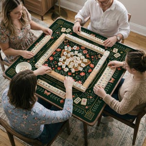 May include: A square mahjong mat with a dark green background featuring a floral pattern in red, pink, and white. The mat has printed text including Charleston 1, Charleston 2, and Play Right Walls Left. Mahjong tiles are arranged on the mat.