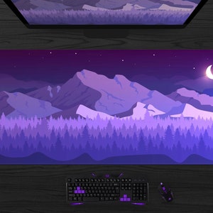 Purple Mountains Desk Mat, Nature Mousepad XL, Extra Large purple gaming desk pad, xxl forest moon mouse pad, purple desk mat xl (6 sizes)