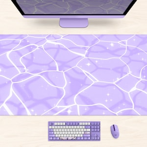 Purple Desk Mat Kawaii, Anime mouse pad cute aesthetics, pastel pink/lilac ocean waves water, xl extra large gaming deskmat, cute mousepad