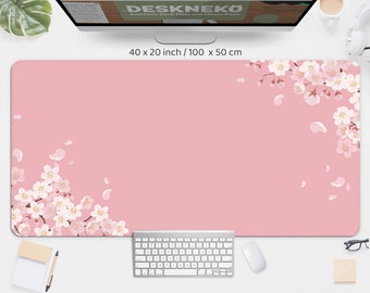 Cherry blossom desk mat, Pink sakura mousepad, Cute kawaii aesthetic Japanese peach flower tree, large mouse pad, xxl rgb led gaming deskmat