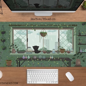 Cute Green Desk Mat, Plant lover Mousepad Pixel Art, 8bit Anime lofi aesthetic, kawaii sage aesthetic gaming keyboard mouse pad mat desk