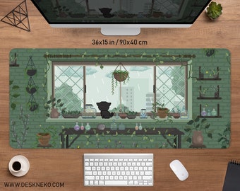 Cute Green Desk Mat, Plant lover Mousepad Pixel Art, 8bit Anime lofi aesthetic, kawaii sage aesthetic gaming keyboard mouse pad mat desk