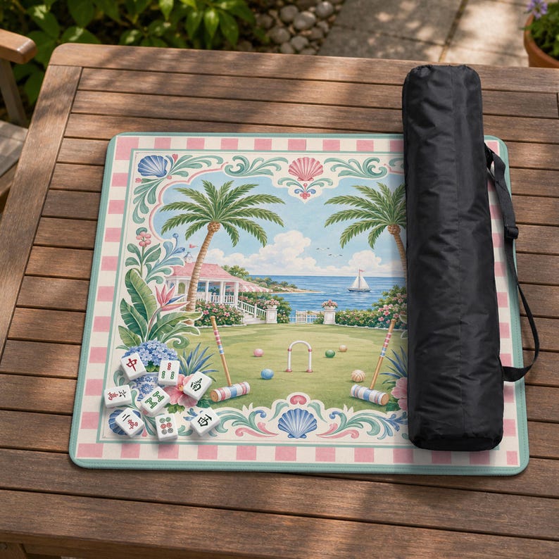 May include: A decorative croquet set mat with a tropical scene featuring palm trees, a house, and a sailboat. The mat has a pink and white checkered border and includes croquet mallets, balls, and a black carrying case.