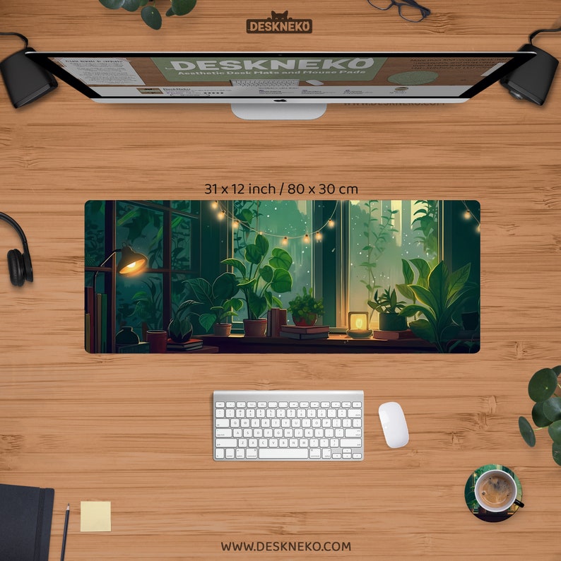 May include: Aesthetic desk mat with a serene illustration of a window scene with plants, books, and a warm glow. The mat measures 31 x 12 inches. The desk mat is surrounded by a computer, speakers, and accessories.