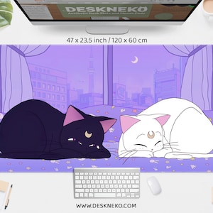 Anime skrivbordsmatta Kawaii, Stor musmatta, Söta katter Musmatta pastell lila violett, Kawaii estetik, Luna Artemis måne, LED-spel skrivbordsmatta