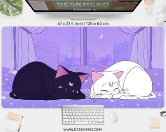 Anime Desk mat Kawaii, Large Mousepad, Cute cats Mouse pad pastel purple violet, Kawai aesthetic, luna artemis moon, led gaming desk mat