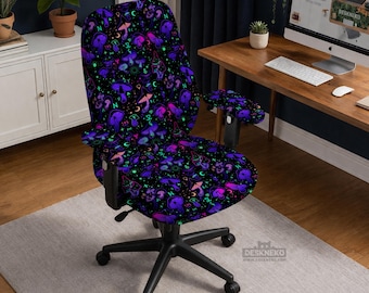 Office Chair Cover, Stretch Slipcover With Armrest Options, Washable High Back Desk Computer Gaming Chair Protector, Purple Mushroom