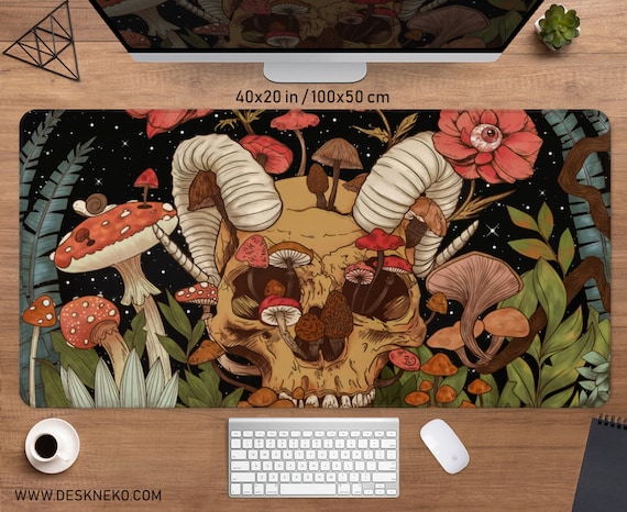 Cottagecore desk mat, Skulls and roses mousepad, Wild plants flowers forest, Botanical gaming deskmat xxl, Magic goth witchy witch mouse pad