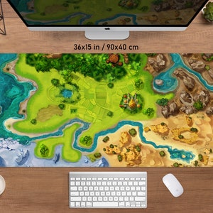 May include: A large rectangular desk mat featuring a colorful fantasy map design. The mat measures 36 x 15 inches and displays a detailed landscape with rivers, forests, and a castle. The mat is on a wooden desk with a keyboard and mouse.