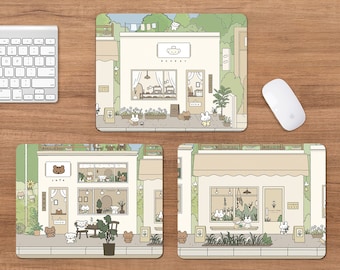 Cute Mousepad Kawaii Desk Mat Beige green, Kawai korean japanese bear rabbit, Anime bakery flower shop cafe, XXL gaming deskmat mouse pad