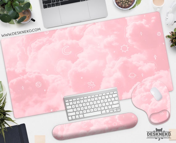 Pink Desk Pad Kawaii, Cute Mousepad Clouds, Kawai moon aesthetic Deskmat large, Keyboard wrist rest, RGB gaming desk mat xxl, xl mouse pad