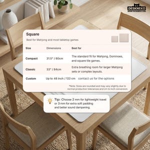 May include: A square tabletop game mat with dimensions and best-for details. The mat is designed for Mahjong, Dominoes, and square tile games. Compact size is 31.5 inches/80cm, classic is 33 inches/84cm, and custom up to 48 inches/122 cm.