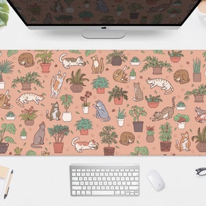 Cats Desk Mat Pflanzen Mousepad, boho terra cotta blätter neutral braun beige grün monstera, xl xxl große gaming schreibtischmatte kleines mauspad
