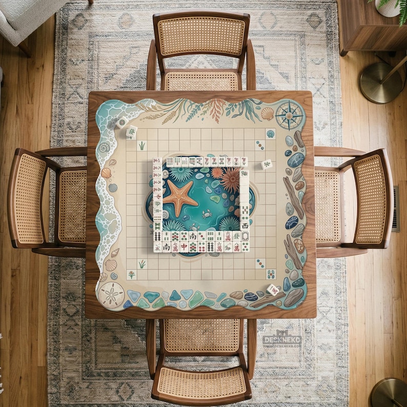 Mahjong Mat, Coastal Beach Table Mat, Cute Sea Glass Seashell Starfish Tabletop Game Pad, Ocean Board Game Cloth Protector, Travel Gift image 1