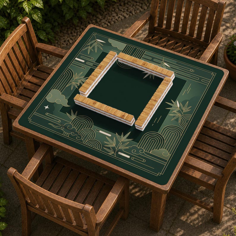 Pode incluir: Uma mesa quadrada de madeira com um tapete verde para o jogo de Mahjong com desenhos de bambu e nuvens. Quatro cadeiras de madeira circundam a mesa. Quatro suportes de pe&ccedil;as de Mahjong est&atilde;o dispostos no tapete.