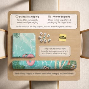 May include: A rolled and folded desk mat with a turquoise water and flamingo design. The mat is shown with a set of Mahjong tiles and a DESKNEKO sticker. The text on the mat says "Select Priority Shipping at checkout for the rolled packaging and faster delivery."