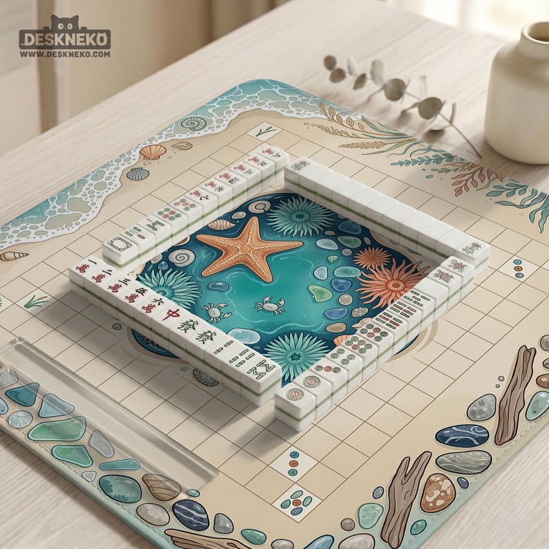 Mahjong Mat, Coastal Beach Table Mat, Cute Sea Glass Seashell Starfish Tabletop Game Pad, Ocean Board Game Cloth Protector, Travel Gift image 13