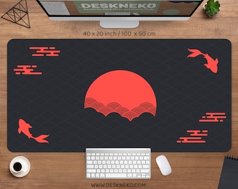 Japanese Desk Mat, Black & Red Mousepad, Koi fish sun cloud Japan art seal sunrise, Large Padded wrist rest, XL Gaming Deskmat RGB mouse pad