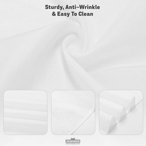 Peut inclure: Gros plan sur un tissu blanc avec le texte "Sturdy, Anti-Wrinkle & Easy To Clean". Le tissu est pr&eacute;sent&eacute; avec diff&eacute;rents plis et textures, soulignant sa durabilit&eacute; et sa facilit&eacute; d'entretien. Le bas de l'image affiche le logo "DESKNEKO".
