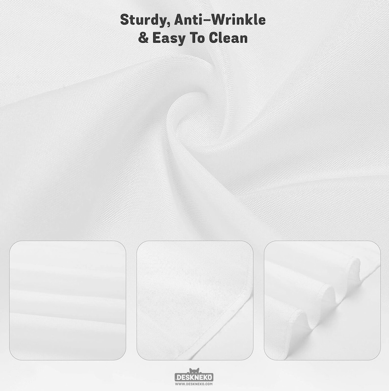 Peut inclure: Gros plan sur un tissu blanc avec le texte "Sturdy, Anti-Wrinkle & Easy To Clean". Le tissu est pr&eacute;sent&eacute; avec diff&eacute;rents plis et textures, soulignant sa durabilit&eacute; et sa facilit&eacute; d'entretien. Le bas de l'image affiche le logo "DESKNEKO".